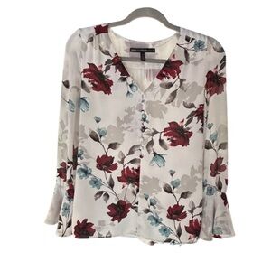 White House Black Market Flounce Long Sleeve Blouse Garnet Grays Blue Floral